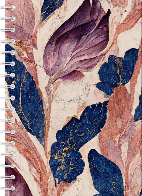 Marmortr&auml;ume - Premium Spiral-Notizbuch A5 Soft-Touch liniert. Violett-blaue Marmorillusion mit schimmernden goldenen Details