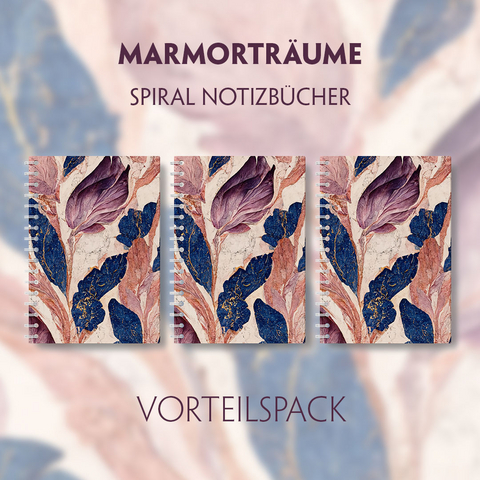 Marmortr&auml;ume - 3er Vorteilspack - Premium Spiral-Notizbuch A5 Soft-Touch liniert. Violett-blaue Marmorillusion mit schimmernden goldenen Details