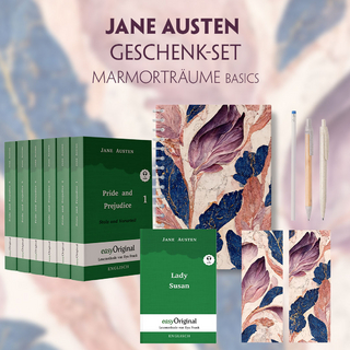 Jane Austen Geschenkset - 7 Bücher (Softcover + Audio-Online) + Marmorträume Schreibset Basics