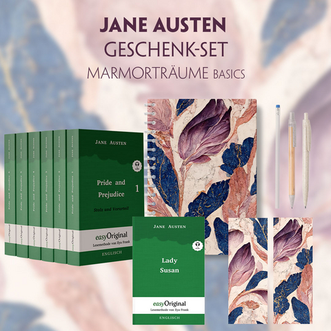 Jane Austen Geschenkset - 7 B&uuml;cher (Softcover + Audio-Online) + Marmortr&auml;ume Schreibset Basics - Jane Austen