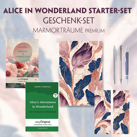 Alice im Wunderland Starter-Paket Geschenkset - 2 B&uuml;cher (mit Audio-Online) + Marmortr&auml;ume Schreibset Premium - Lewis Carroll