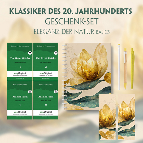 Klassiker des 20. Jahrhunderts Geschenkset - 4 B&uuml;cher (mit Audio-Online) + Eleganz der Natur Schreibset Basics - F. Scott Fitzgerald, George Orwell