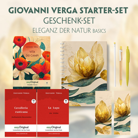 Vita dei campi Starter-Paket Geschenkset - 3 B&uuml;cher (mit Audio-Online) + Eleganz der Natur Schreibset Basics - Giovanni Verga