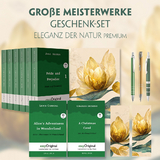 Gro&szlig;e Meisterwerke Geschenkset - 8 B&uuml;cher (Softcover+ Audio-Online) + Eleganz der Natur Schreibset Premium - Jane Austen, Charles Dickens, Lewis Carroll