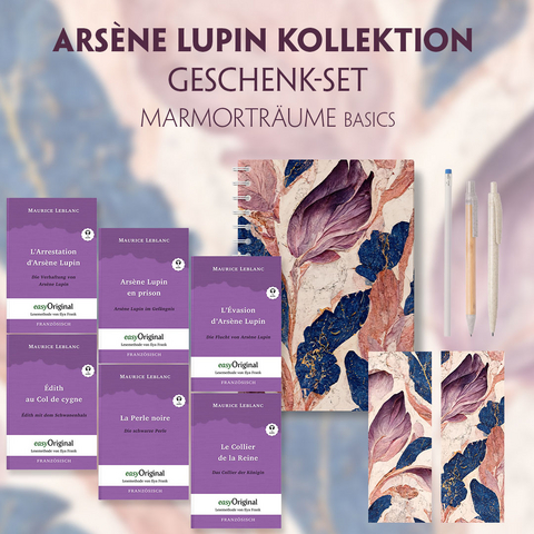Ars&egrave;ne Lupin Geschenkset - 6 B&uuml;cher (mit Audio-Online) + Marmortr&auml;ume Schreibset Basics - Maurice Leblanc