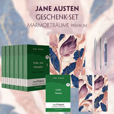 Jane Austen Geschenkset - 7 B&uuml;cher (Softcover + Audio-Online) + Marmortr&auml;ume Schreibset Premium - Jane Austen