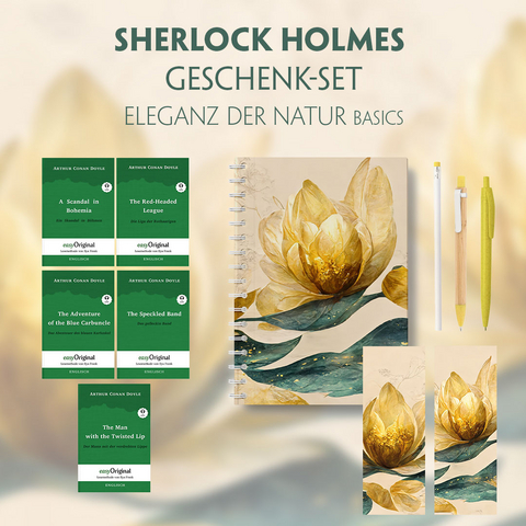 Sherlock Holmes Geschenkset - 5 B&uuml;cher (mit Audio-Online) + Eleganz der Natur Schreibset Basics - Arthur Conan Doyle