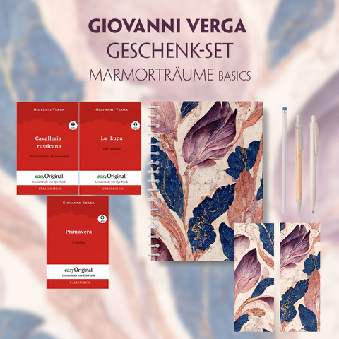 Giovanni Verga Geschenkset - 3 B&uuml;cher (mit Audio-Online) + Marmortr&auml;ume Schreibset Basics - Giovanni Verga