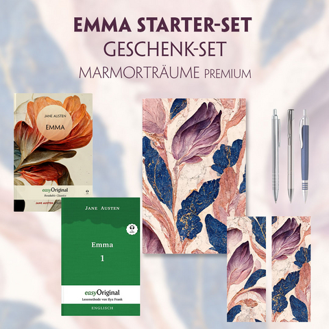 Emma Starter-Paket Geschenkset 2 B&uuml;cher (mit Audio-Online) + Marmortr&auml;ume Schreibset Premium - Jane Austen