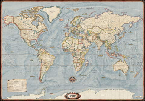 Weltkarte: Aktuelle Karte in historischem Stil, 1:20.000.000, Poster metallbestäbt, freytag & berndt