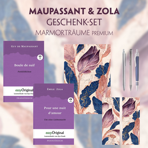 Guy de Maupassant & &Eacute;mile Zola Geschenkset - 2 B&uuml;cher (mit Audio-Online) + Marmortr&auml;ume Schreibset Premium - Guy de Maupassant, &Eacute;mile Zola