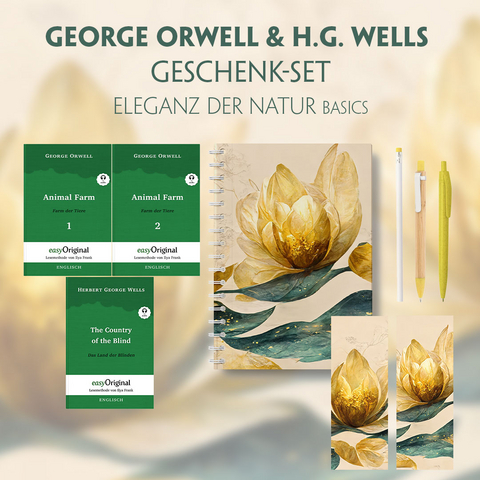 George Orwell & H.G. Wells Geschenkset - 3 B&uuml;cher (mit Audio-Online) + Eleganz der Natur Schreibset Basics - George Orwell, Herbert George Wells