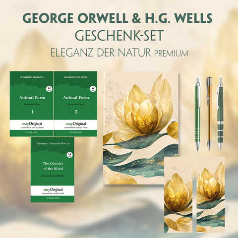 George Orwell & H.G. Wells Geschenkset - 3 B&uuml;cher (mit Audio-Online) + Eleganz der Natur Schreibset Premium - George Orwell, Herbert George Wells