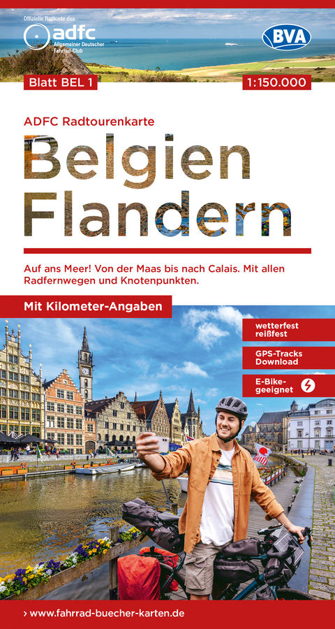 ADFC-Radtourenkarte BEL 1 Belgien Flandern 1:150.000, rei&szlig;- und wetterfest, E-Bike geeignet, GPS-Tracks Download, mit Kilometer-Angaben