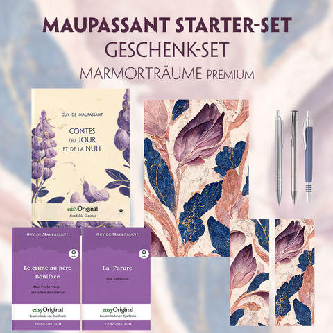 Guy de Maupassant Starter-Paket Geschenkset 3 B&uuml;cher (mit Audio-Online) + Marmortr&auml;ume Schreibset Premium - Guy de Maupassant