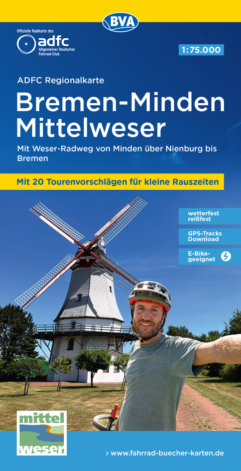ADFC-Regionalkarte Bremen-Minden Mittelweser, 1:75.000, mit Tagestourenvorschl&auml;gen, rei&szlig;- und wetterfest, E-Bike-geeignet, GPS-Tracks Download