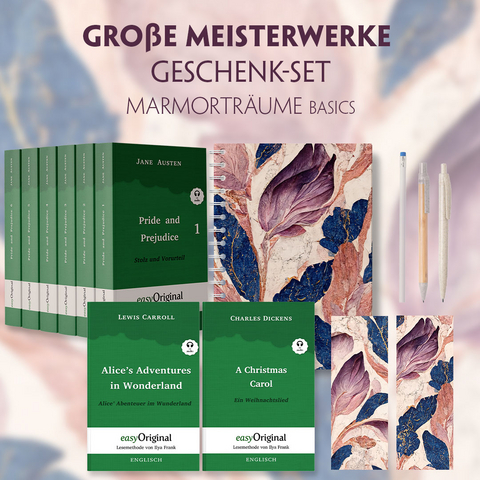 Gro&szlig;e Meisterwerke Geschenkset - 8 B&uuml;cher (Hardcover+ Audio-Online) + Marmortr&auml;ume Schreibset Basics - Jane Austen, Charles Dickens, Lewis Carroll