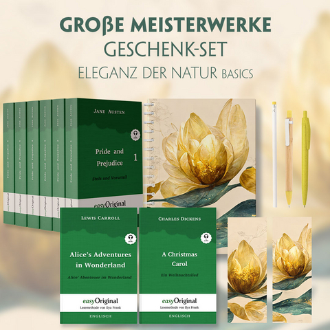 Gro&szlig;e Meisterwerke Geschenkset - 8 B&uuml;cher (Hardcover+ Audio-Online) + Eleganz der Natur Schreibset Basics - Jane Austen, Charles Dickens, Lewis Carroll