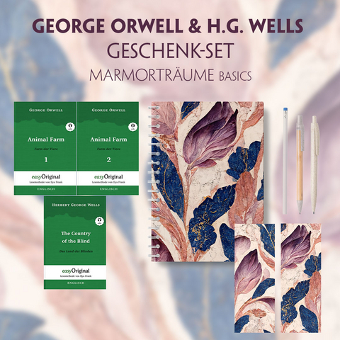 George Orwell & H.G. Wells Geschenkset - 3 B&uuml;cher (mit Audio-Online) + Marmortr&auml;ume Schreibset Basics - George Orwell, Herbert George Wells