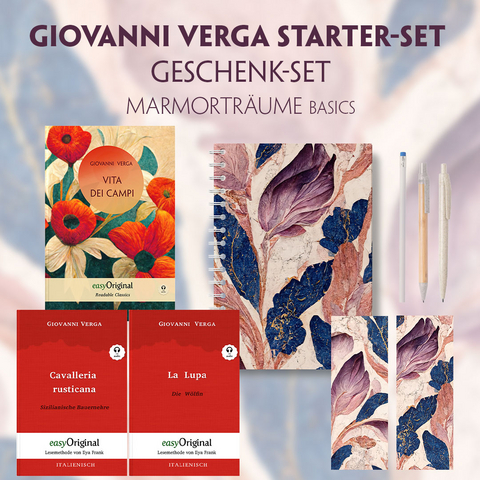 Vita dei campi Starter-Paket Geschenkset - 3 B&uuml;cher (mit Audio-Online) + Marmortr&auml;ume Schreibset Basics - Giovanni Verga