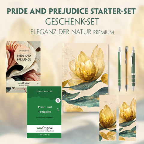 Pride and Prejudice Starter-Paket Geschenkset 2 B&uuml;cher (mit Audio-Online) + Eleganz der Natur Schreibset Premium - Jane Austen