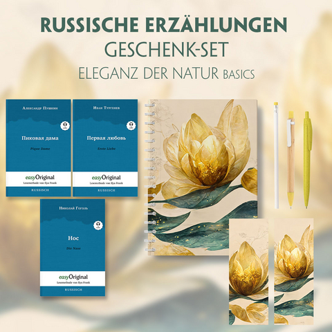 Russische Erz&auml;hlungen Geschenkset - 3 B&uuml;cher (mit Audio-Online) + Eleganz der Natur Schreibset Basics - Nikolai Wassiljewitsch Gogol, Alexander Puschkin, Iwan Turgenew