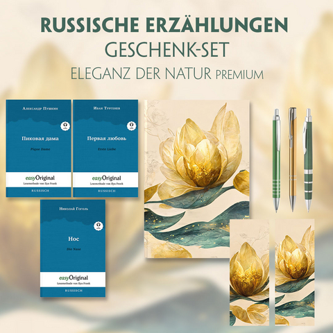 Russische Erz&auml;hlungen Geschenkset - 3 B&uuml;cher (mit Audio-Online) + Eleganz der Natur Schreibset Premium - Nikolai Wassiljewitsch Gogol, Alexander Puschkin, Iwan Turgenew
