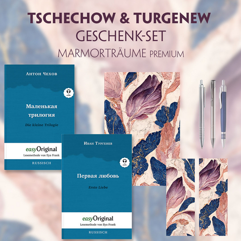 Tschechow & Turgenew Geschenkset - 2 B&uuml;cher (Softcover mit Audio-Online) + Marmortr&auml;ume Schreibset Premium - Anton Pawlowitsch Tschechow, Iwan Turgenew