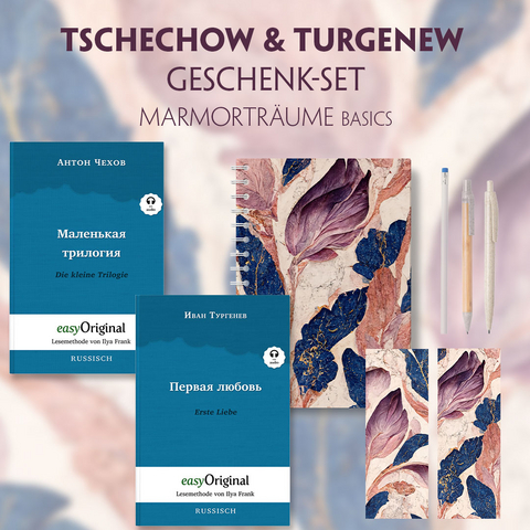 Tschechow & Turgenew Geschenkset - 2 B&uuml;cher (Softcover mit Audio-Online) + Marmortr&auml;ume Schreibset Basics - Anton Pawlowitsch Tschechow, Iwan Turgenew