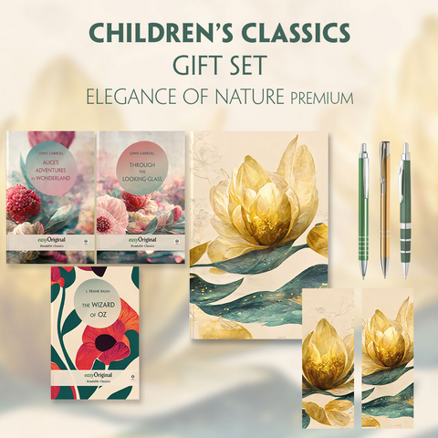 Children's Classics Books-Set (with audio-online) Readable Classics Geschenkset + Eleganz der Natur Schreibset Premium - Lewis Carroll, L. Frank Baum