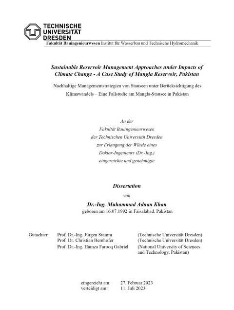 Sustainable Reservoir Management Approaches under Impacts of Climate Change - A Case Study of Mangla Reservoir, Pakistan - Muhammad Adnan Khan