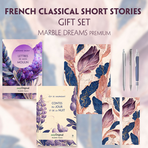 French Classical Short Stories (with audio-online) Readable Classics Geschenkset + Marmortr&auml;ume Schreibset Premium - Guy de Maupassant, Alphonse Daudet
