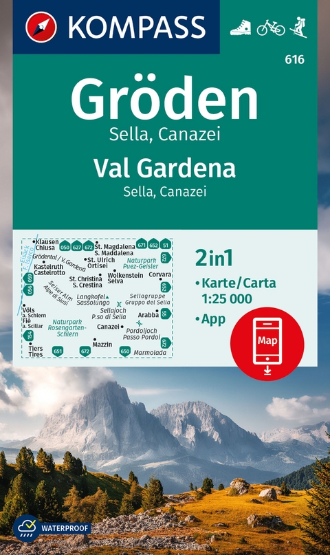 KOMPASS Wanderkarte 616 Gr&ouml;den / Val Gardena, Sella, Canazei 1:25.000