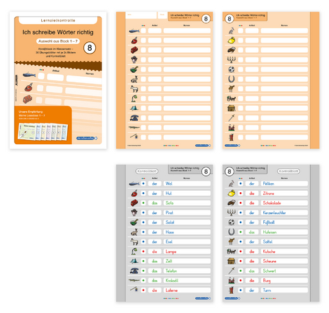 Ich schreibe W&ouml;rter richtig - Abrei&szlig;block 8 - Lernzielkontrolle - Auswahl Lernw&ouml;rter aus Block 1-7 - Katrin Langhans