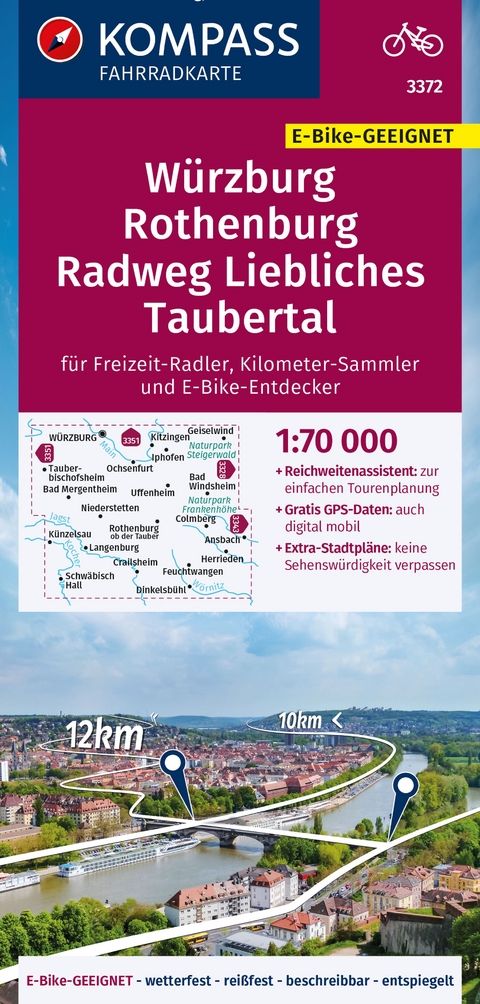 KOMPASS Fahrradkarte 3372 W&uuml;rzburg, Rothenburg, Radweg Liebliches Taubertal 1:70.000
