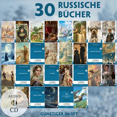 30 russische B&uuml;cher (30 B&uuml;cher + Audio-CDs) - Frank-Lesemethode - Kommentierte zweisprachige Ausgabe Russisch-Deutsch - Anton Pawlowitsch Tschechow, Nikolai Wassiljewitsch Gogol, Alexander Puschkin, Iwan Turgenew, Michail Bulgakow, Michail Lermontow, Wsewolod Garschin, Iwan Bunin