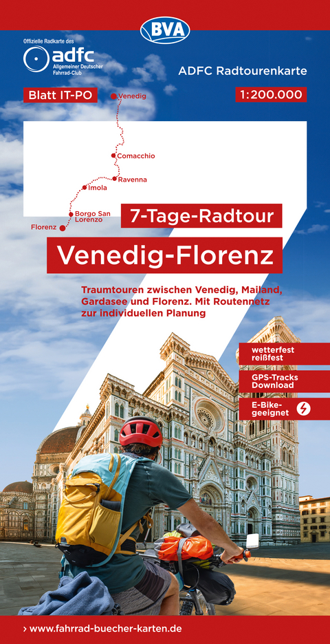 ADFC-Radtourenkarte IT-PO 7-Tage-Radtour Venedig-Florenz, 1:200.000, rei&szlig;- und wetterfest, E-Bike-geeignet, GPS-Tracks Download, mit Kilometer-Angaben
