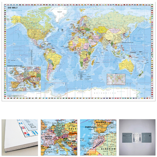 Weltkarte mit Ausschnitt Zentraleuropa zum Pinnen auf EasyPrint - Platte mit Wandhalterung