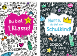 Gru&szlig;karte mit Wegbegleiter-Pin &ndash; Du bist 1. Klasse / Hurra, du bist ein Schulkind!