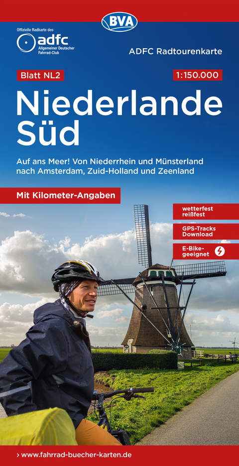 ADFC-Radtourenkarte NL 2 Niederlande S&uuml;d 1:150.000, rei&szlig;- und wetterfest, E-Bike geeignet, GPS-Tracks Download, mit Knotenpunkten, mit Bett+Bike Symbolen, mit Kilometer-Angaben