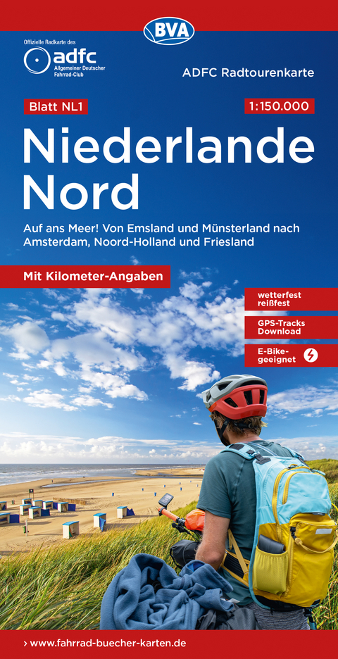 ADFC-Radtourenkarte NL 1 Niederlande Nord 1:150.000, rei&szlig;- und wetterfest, E-Bike geeignet, GPS-Tracks Download, mit Knotenpunkten, mit Bett+Bike Symbolen, mit Kilometer-Angaben