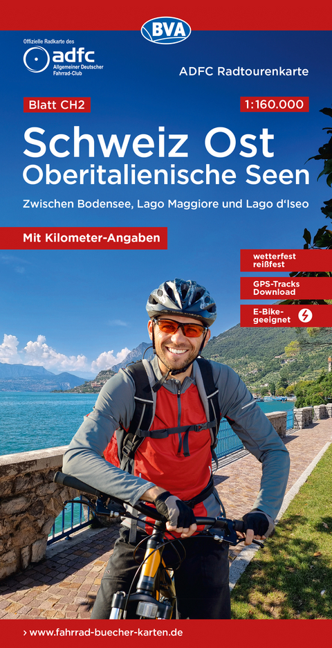 ADFC-Radtourenkarte CH2 Schweiz Ost / Oberitalienische Seen 1:160.000, rei&szlig;- und wetterfest, E-Bike geeignet, GPS-Tracks Download, mit Knotenpunkten, mit Bett+Bike Symbolen, mit Kilometer-Angaben