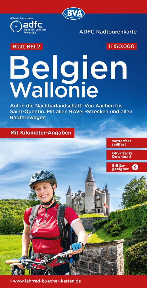 ADFC-Radtourenkarte BEL 2 Belgien Wallonie 1:150.000, rei&szlig;- und wetterfest, E-Bike geeignet, GPS-Tracks Download, mit Kilometer-Angaben