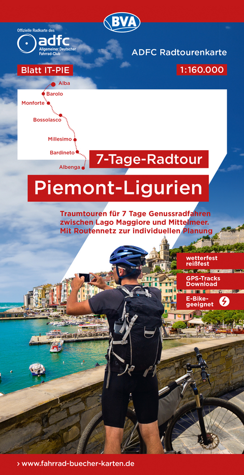 ADFC-Radtourenkarte IT-PIE 7-Tage-Radtour Piemont / Ligurien, 1:160.000, rei&szlig;- und wetterfest, E-Bike geeignet, GPS-Tracks Download, mit Kilometer-Angaben