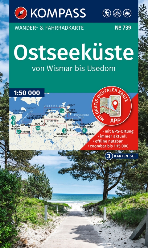 KOMPASS Wanderkarten-Set 739 Ostseeküste, von Wismar bis Usedom (3 Karten) 1:50.000