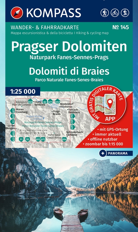 KOMPASS Wanderkarte 145 Pragser Dolomiten, Naturpark Fanes-Sennes-Prags / Dolomiti di Braies, Parco Naturale Fanes-Senes-Braies 1:25.000