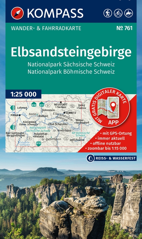 KOMPASS Wanderkarte 761 Elbsandsteingebirge, Nationalpark Sächsische Schweiz, Nationalpark Böhmische Schweiz 1:25.000