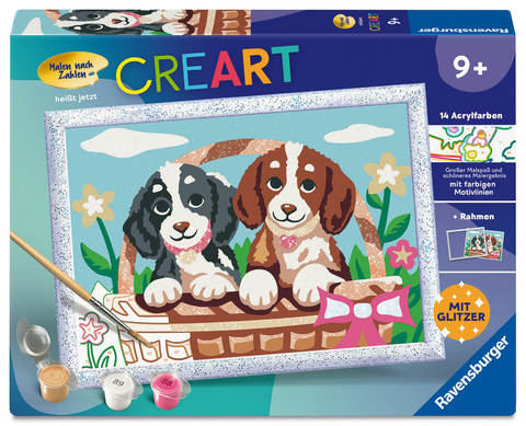 CreArt, Malen nach Zahlen Kinder - Hunde im K&ouml;rbchen