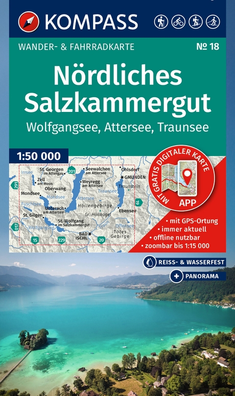 KOMPASS Wanderkarte 18 N&ouml;rdliches Salzkammergut, Wolfgangsee, Attersee, Traunsee 1:50.000