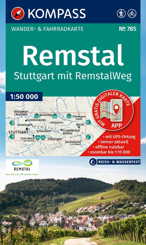 KOMPASS Wanderkarte 785 Remstal, Stuttgart, mit RemstalWeg 1:50.000